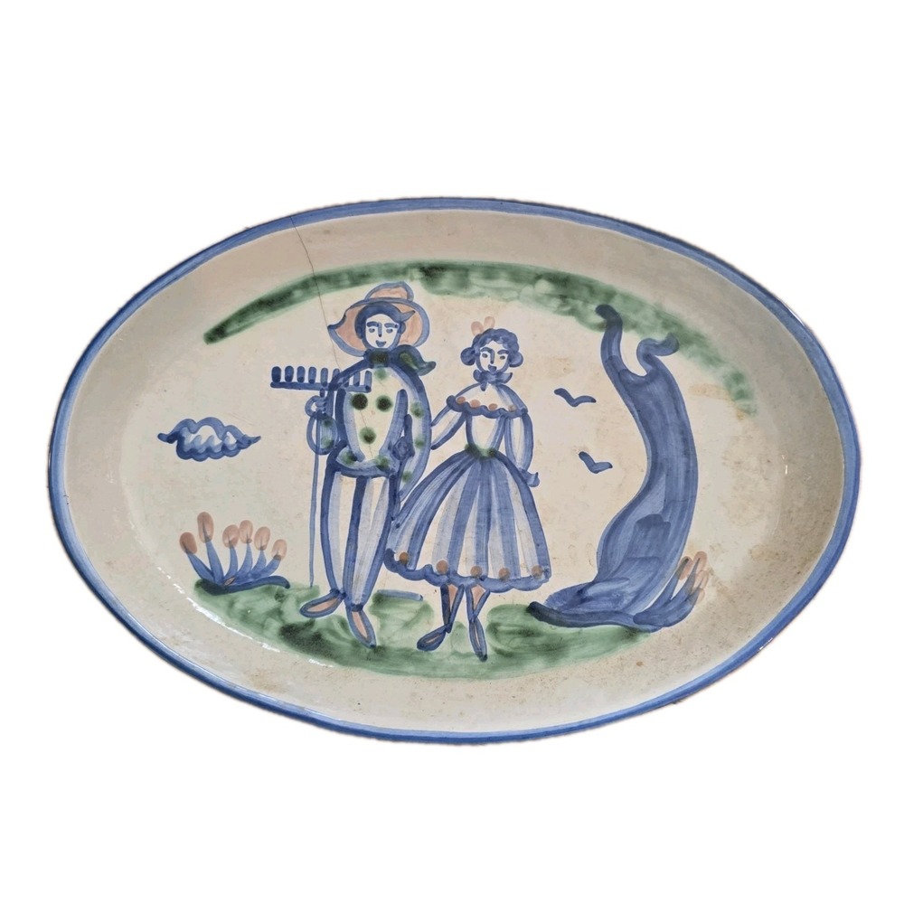 M. A. Hadley Farmer & Wife 15.5" Oval Serving Platter *Old Crack* Display Piece